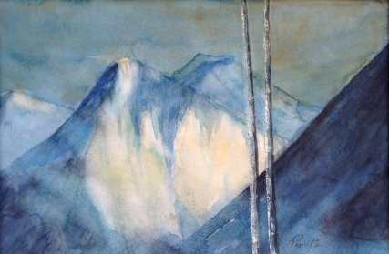 Bjørketre mot fjell - 40x30, akvarell