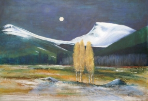 Fullmånenatt over Nibba og Rømerhornet, akryl, 100x70 cm